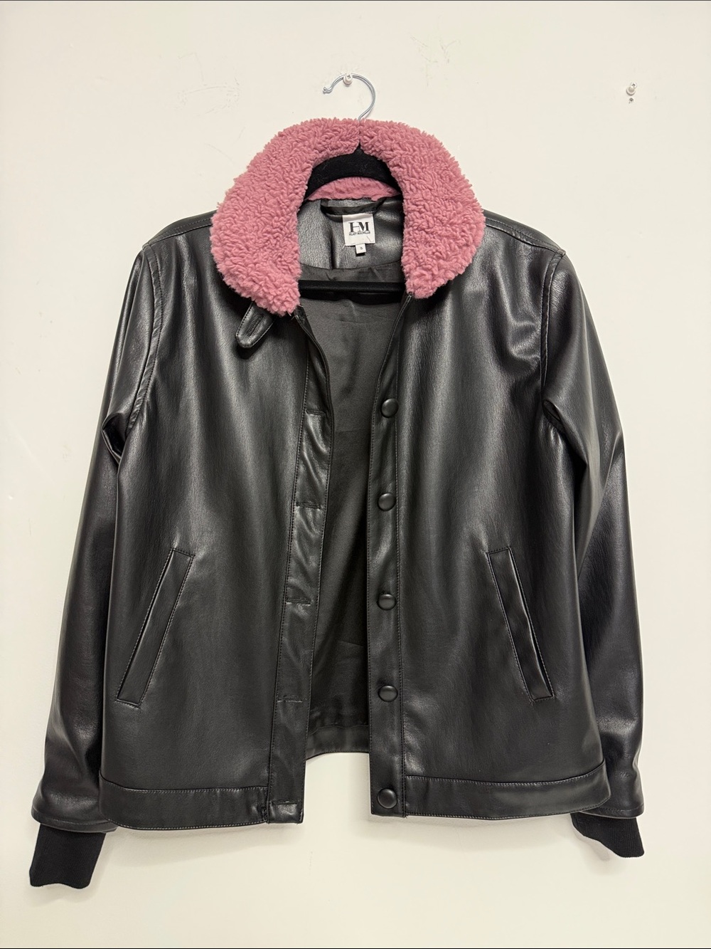 Woman’s Black Vegan Leather Bomber Jacket with Pink Sherpa Collar